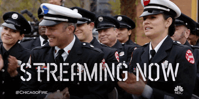 a group of firefighters are standing in a line with the words streaming now written on the bottom