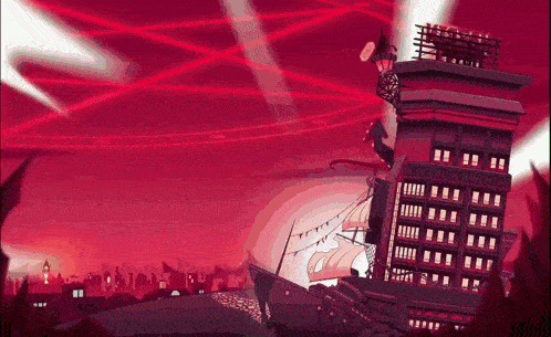 a cartoon drawing of a city with a large building and a ship