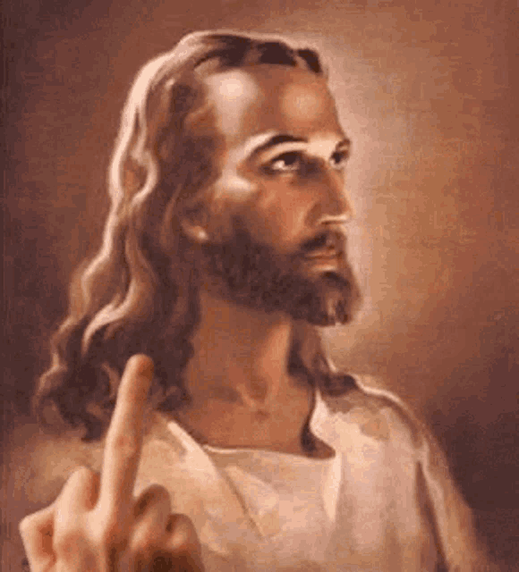 a close up of a painting of jesus giving the middle finger .