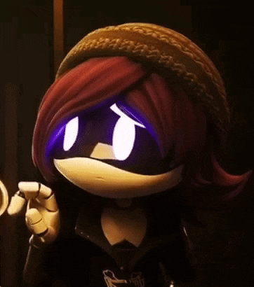 a cartoon character with purple hair is wearing a brown beanie