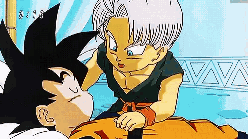 goku and trunks from dragon ball z are talking to each other .