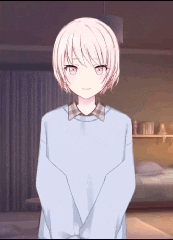 a girl with short white hair and red eyes is standing in a room with her hands folded .