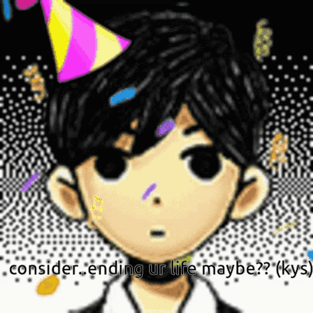 a pixel art of a boy wearing a party hat that says consider ending ur life maybe ?