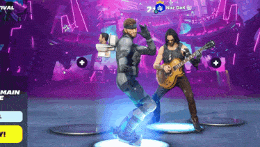 a video game screen shows a man playing a guitar and a man in a suit dancing