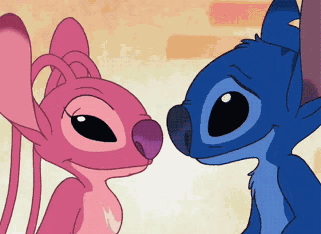 stitch and angel are looking at each other with their eyes closed