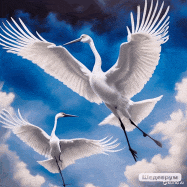 a painting of two white birds flying in a blue sky with kling ai written on the bottom