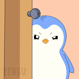 a penguin peeking out from behind a door with the word pengu written on the bottom