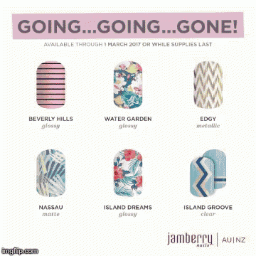 four bottles of jamberry nail polish are lined up on a white background