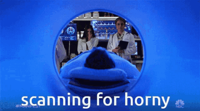 a blue background with the words scanning for horny at the bottom