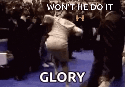 a woman is dancing in front of a crowd with the words `` won 't he do it glory '' written on the bottom .