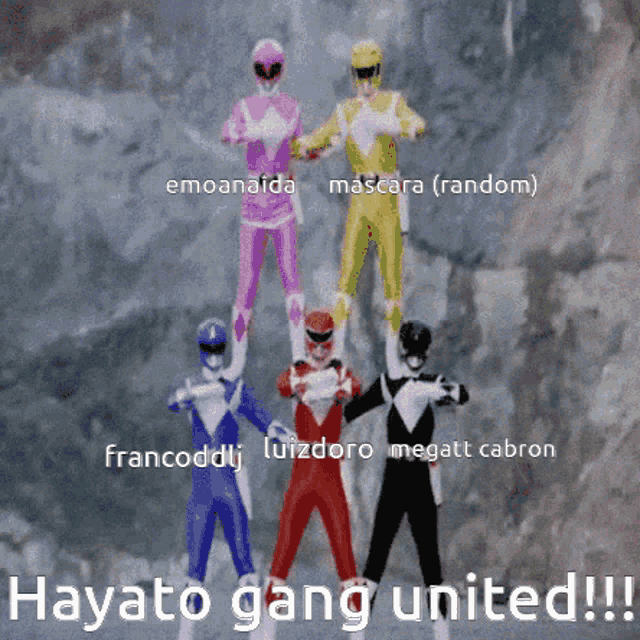 five power rangers are stacked on top of each other with the words hayato gang united below them