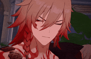 a close up of a anime character with red hair and a braid
