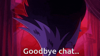 a cartoon character with red eyes and the words goodbye chat on the bottom