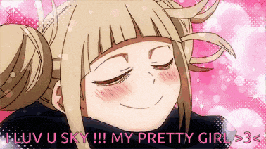 a girl with blonde hair is smiling with the words " i luv u sky !!! my pretty girl > 3 < " below her