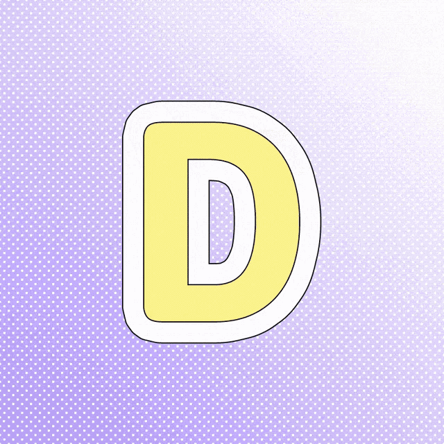 a purple polka dot background with a yellow letter d on it
