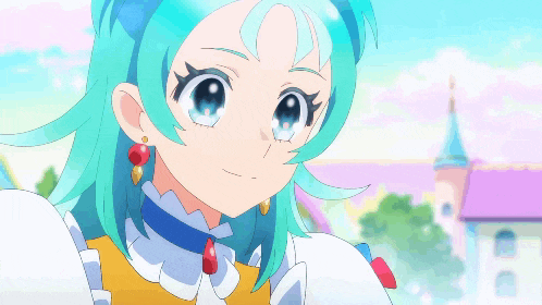 a girl with blue hair and red earrings is standing in front of a castle