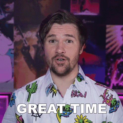 a man with a beard wearing a shirt that says great time