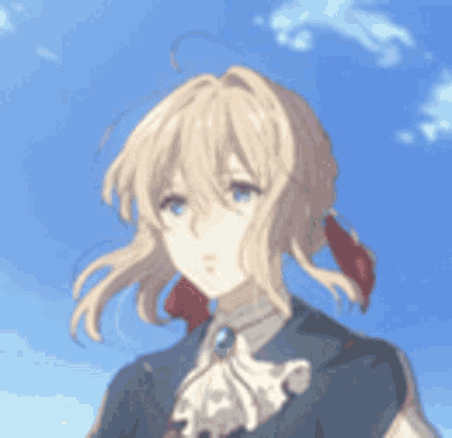 a close up of a blonde anime girl with blue eyes