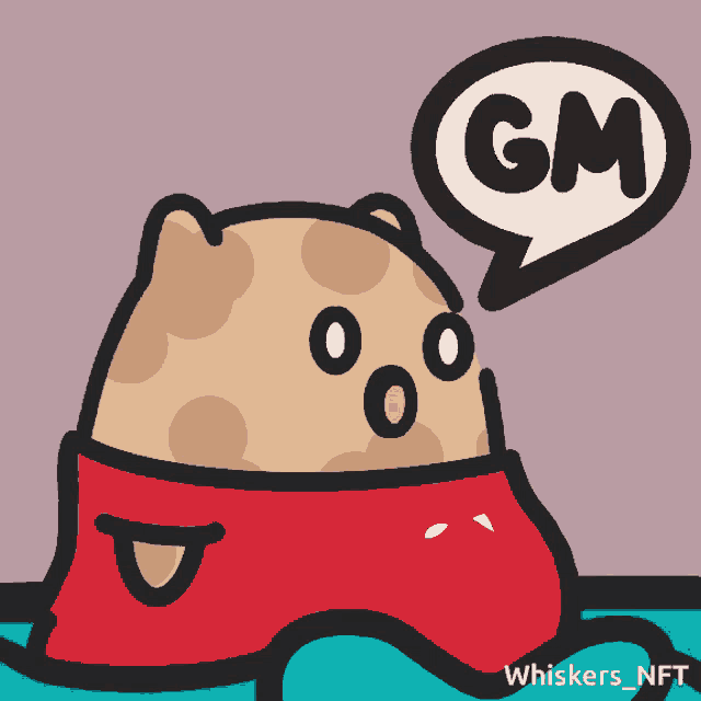 a cartoon character with a speech bubble that says gm on it