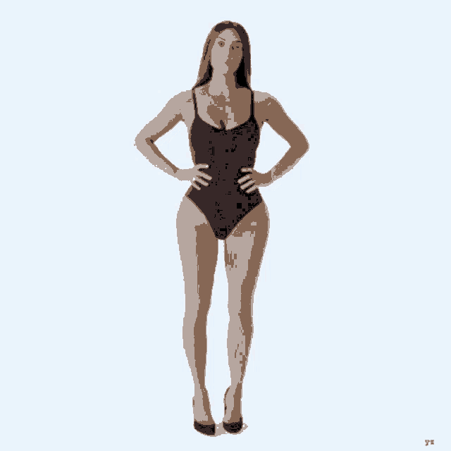 a woman in a black swimsuit and heels stands with her hands on her hips