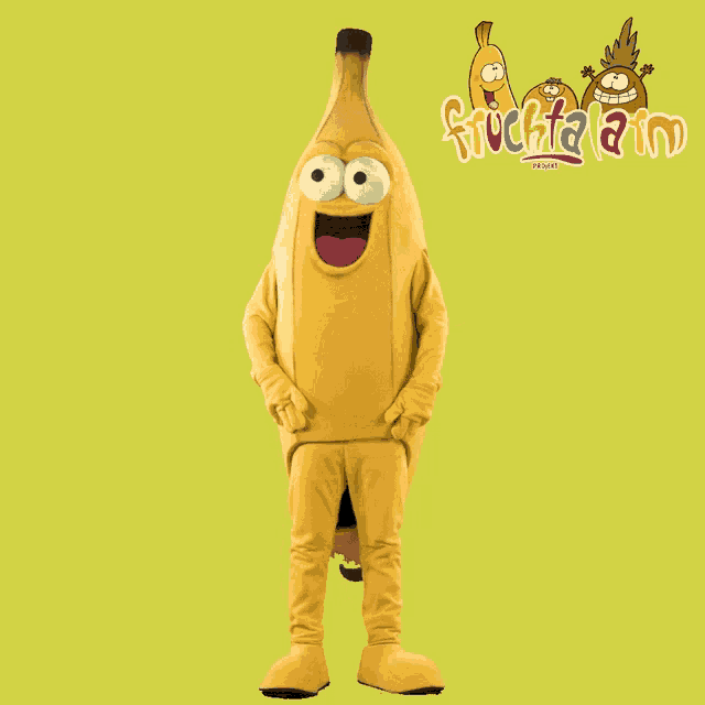 a mascot in a banana costume stands in front of a sign that says fruchaland