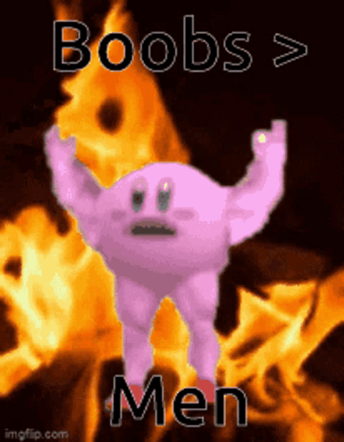 a picture of kirby with the words boobs > men below him