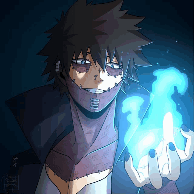 a drawing of a man with a mask on his face holding a blue object