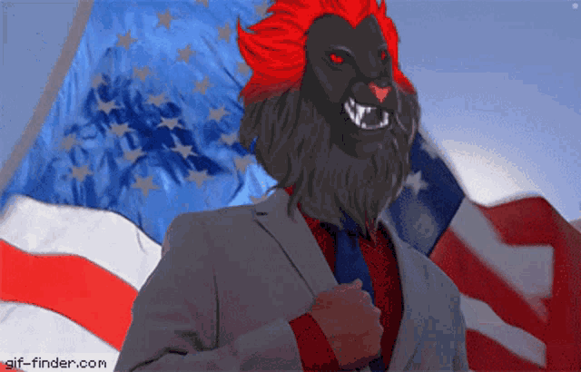 a man in a suit and tie with a lion mask on his face