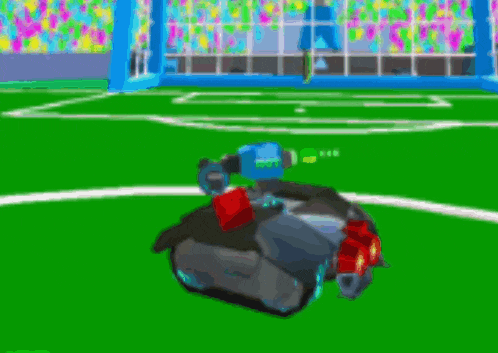 a cartoon drawing of a robot on a soccer field .