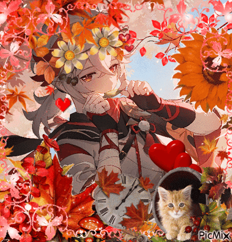 a picture of a girl surrounded by flowers and leaves with a cat and a clock that says picmix on it