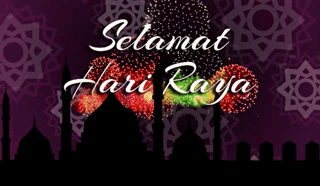 a purple background with fireworks and the words " selamat hari raya " on it