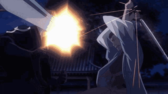 a man in a white robe is holding a sword in front of a fire