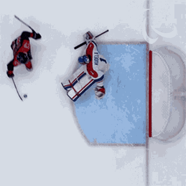 an aerial view of a hockey game with a goalie wearing a jersey that says ' falcon ' on it