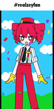 a cartoon of a girl with red hair wearing a red hat and suspenders