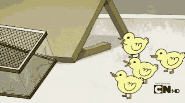 a bunch of ducklings standing next to each other with cn hd written on the bottom right