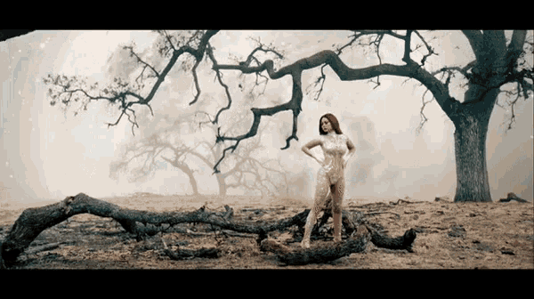 a naked woman is standing on a tree branch