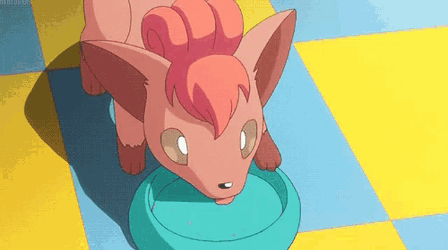 a pink pokemon is drinking water from a blue bowl .
