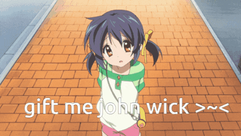 a girl is standing on a brick sidewalk with the words gift me john wick