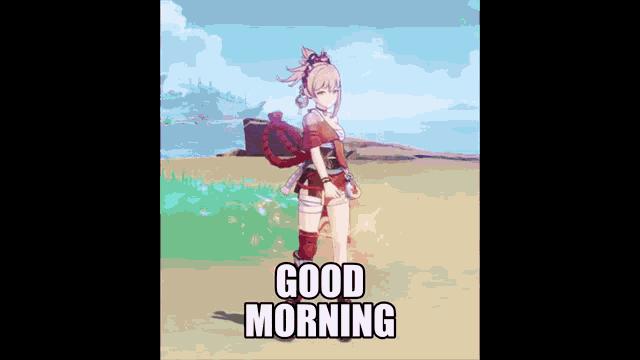 a video game character says good morning with a sword in her hand .
