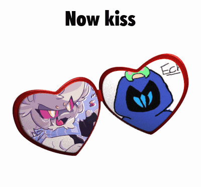 a heart shaped mirror with a picture of a cartoon character and the words now kiss below it