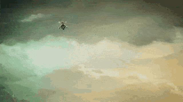a painting of a helicopter flying through the clouds