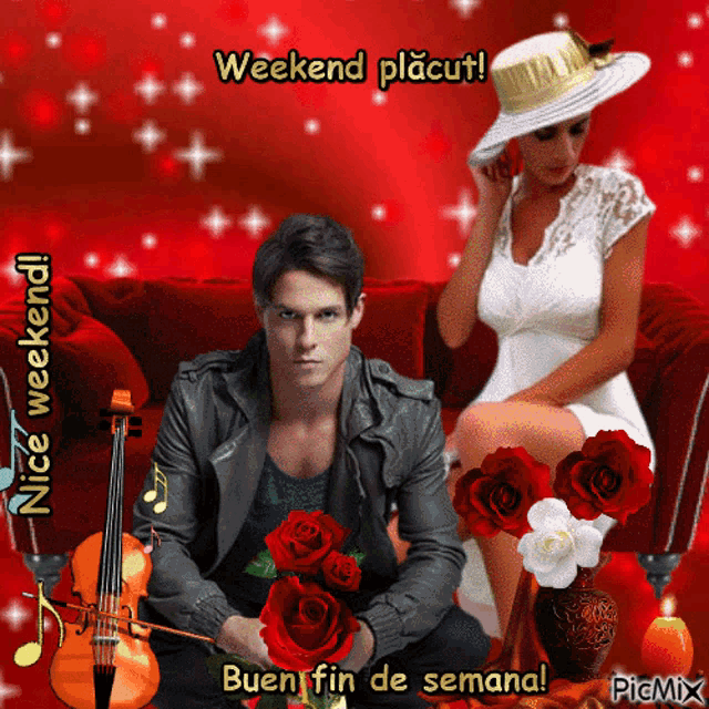 a man sits on a couch with roses and a violin while a woman sits on a couch