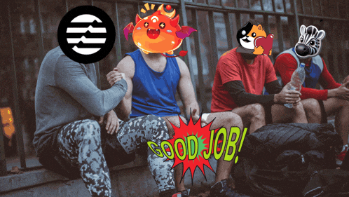 a group of people sitting on a ledge with a good job sign in the middle
