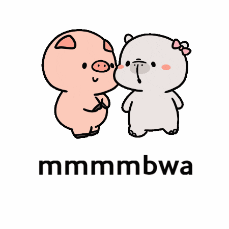a cartoon of two pigs kissing each other with the word mmmmbwa below them