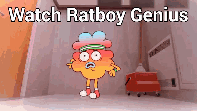 a cartoon character with the words watch ratboy genius written above him