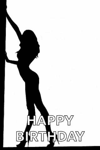 a silhouette of a woman standing next to a pole with the words `` happy birthday '' .