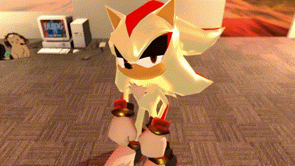 a shadow the hedgehog is standing in front of a computer in a room