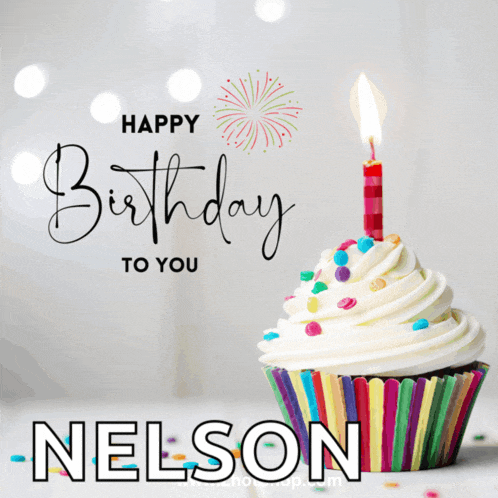 a birthday card for nelson with a cupcake and a lit candle