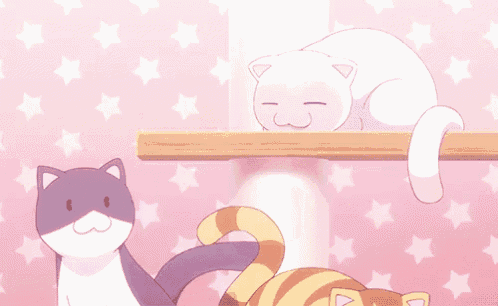 three cartoon cats are sitting next to each other on a pink wall .