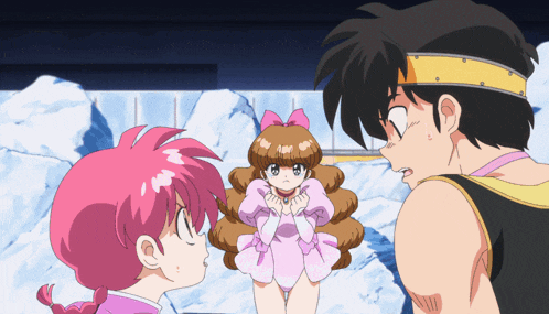 a man and two girls are standing next to each other in a cartoon scene